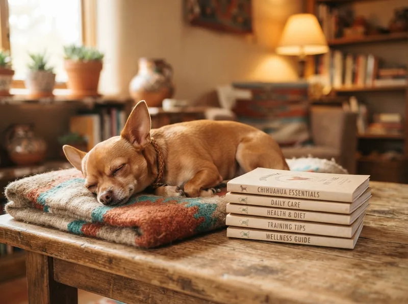 Contented Chihuahua resting beside a stack of care guides in a warm home setting