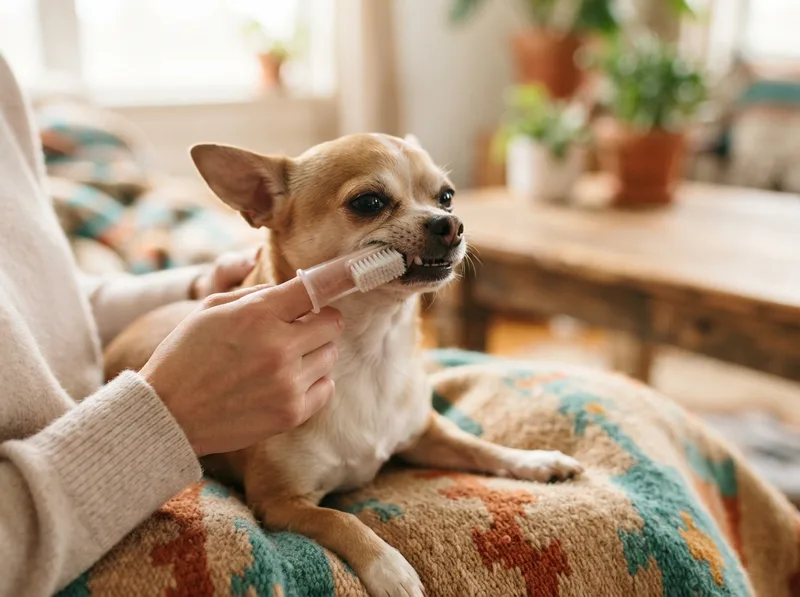 Chihuahua having its teeth brushed with a small toothbrush during a home dental routine