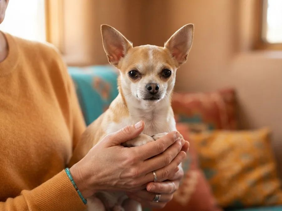 Healthy correctly-sized Chihuahua held gently in two hands, a sensible toy-breed size