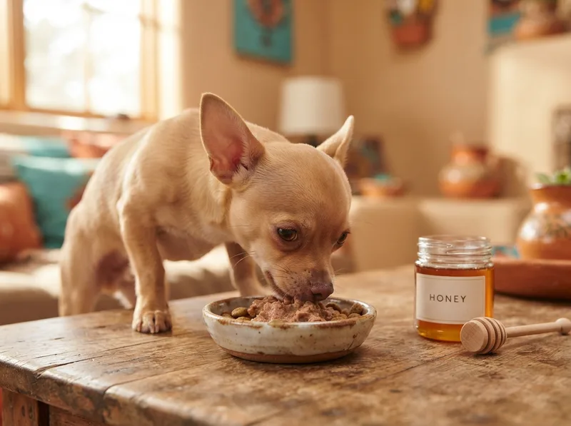 Chihuahua puppy being fed a small meal on schedule beside a jar of honey for first aid