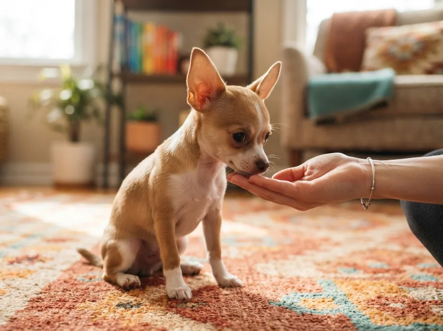 Chihuahua puppy calmly meeting a person’s hand during a socialisation session