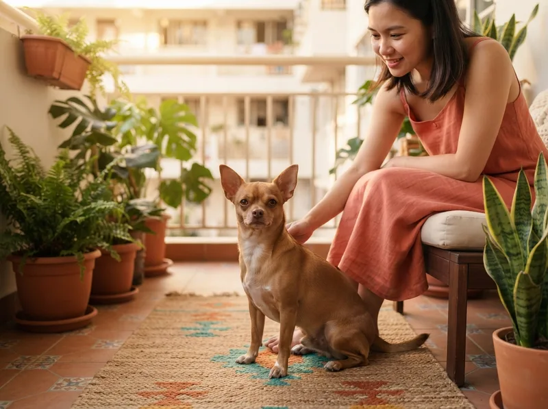 Chihuahua sitting quietly on cue beside its owner on an HDB balcony