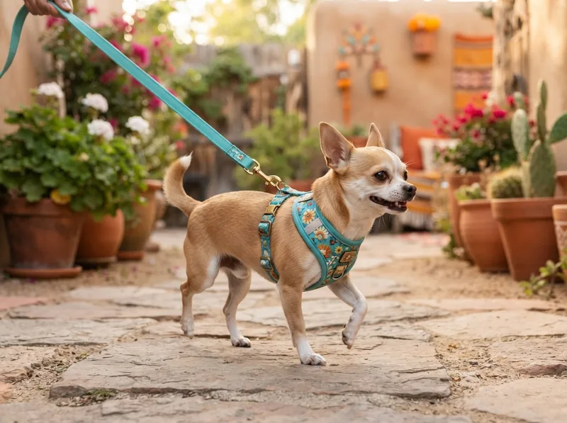 Chihuahua wearing a soft body harness instead of a collar on a walk