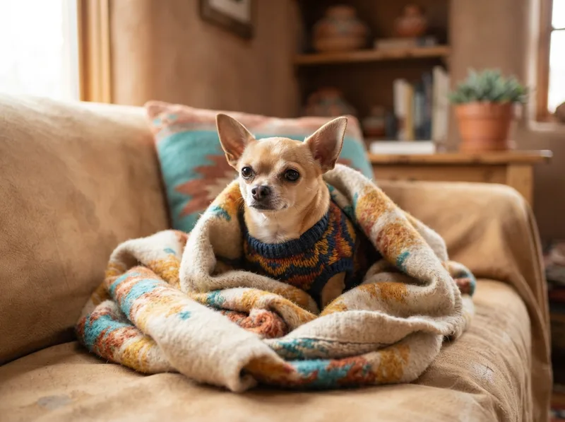 Chihuahua wrapped in a warm blanket wearing a small sweater in an air-conditioned room