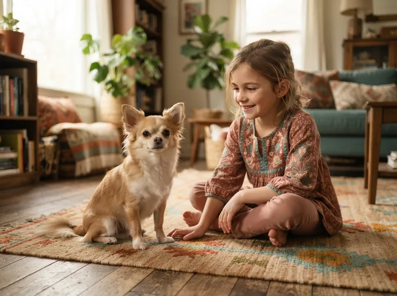 Chihuahua sitting calmly beside a gentle older child on a living room floor