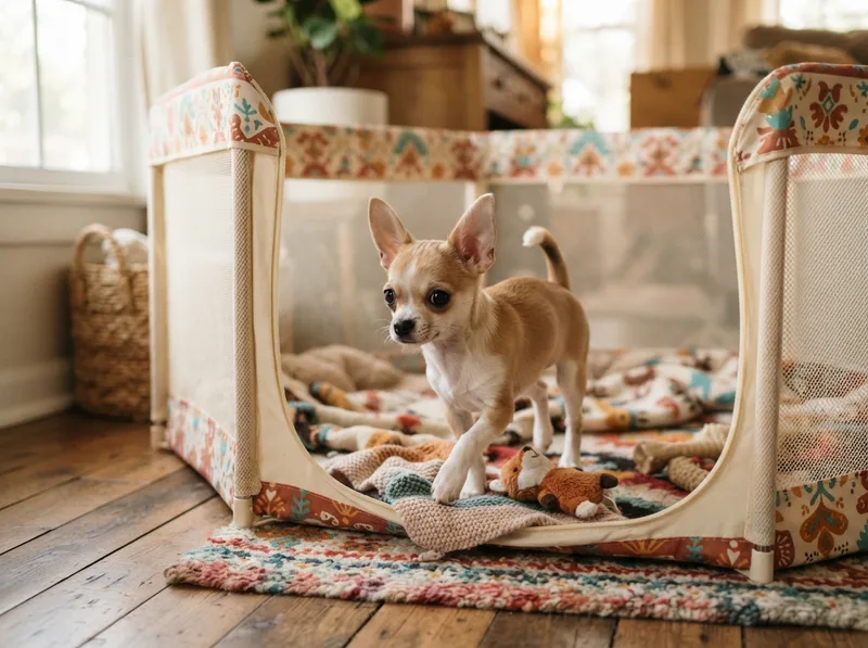 Chihuahua puppy exploring a cosy playpen set up in a bright living room
