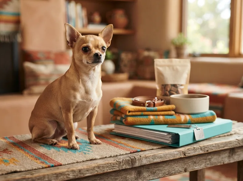 Chihuahua sitting beside stacked puppy supplies and a licence document folder