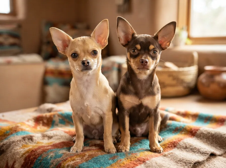 Two Chihuahua puppies sitting side by side on a warm blanket