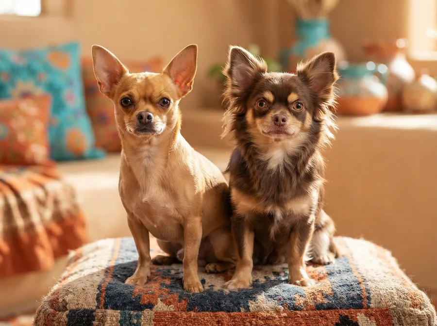 Two adult Chihuahuas, one smooth coat and one long coat, sitting close together on a cushion
