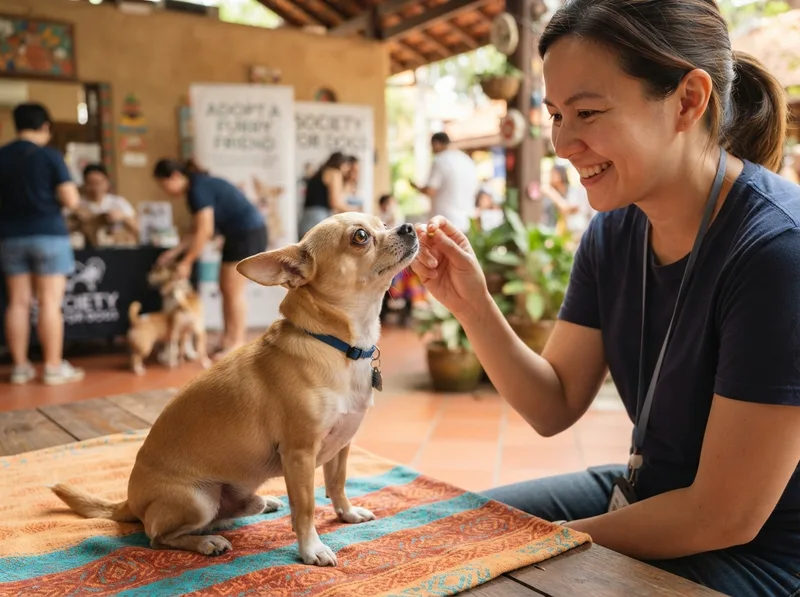 Adult Chihuahua looking up hopefully at a volunteer at a Singapore adoption meet-up