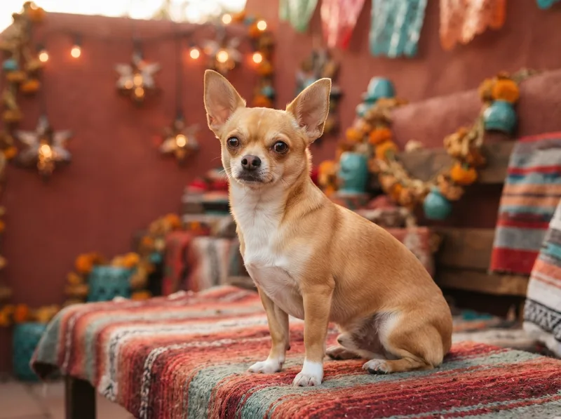 Chihuahua sitting in front of a warm red festive backdrop with lanterns