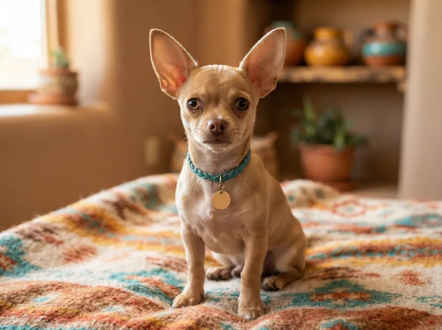 Chihuahua puppy with a blank name tag on its collar sitting on a blanket