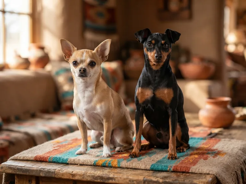 Deer-head Chihuahua beside a Miniature Pinscher illustrating how the two are confused
