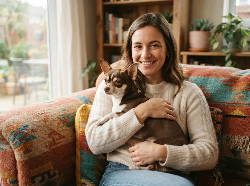First-time owner sitting with a relaxed Chihuahua on a living room sofa