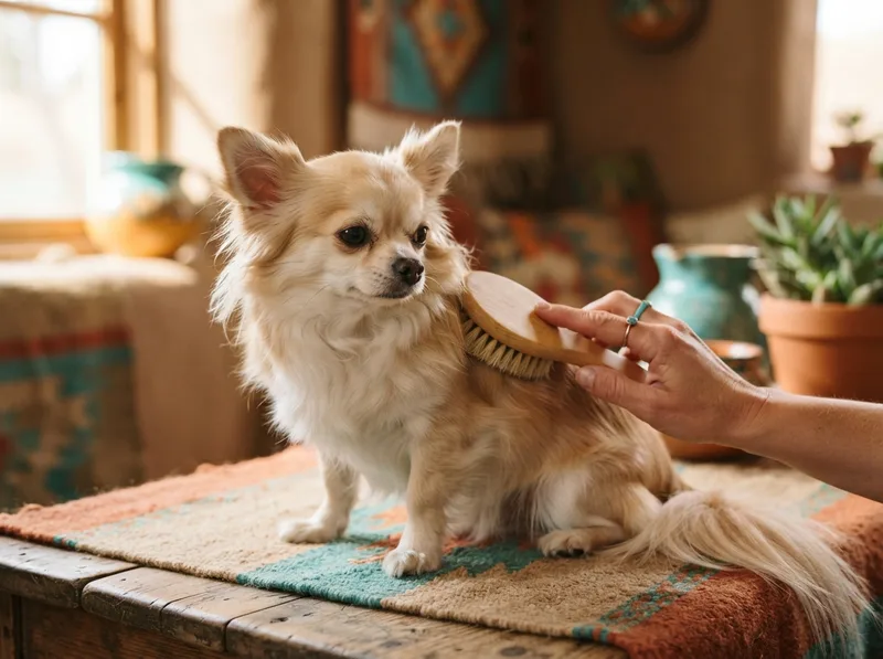 Long-coat Chihuahua being gently brushed showing its feathered coat