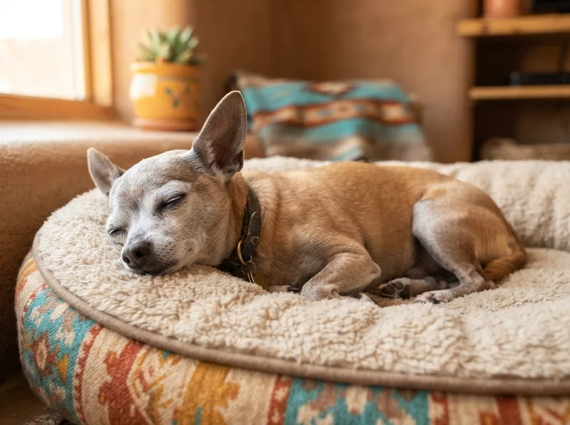 Grey-muzzled senior Chihuahua resting on a soft orthopaedic bed in warm light