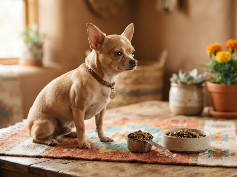 Lean healthy Chihuahua beside a measuring scoop and portioned food