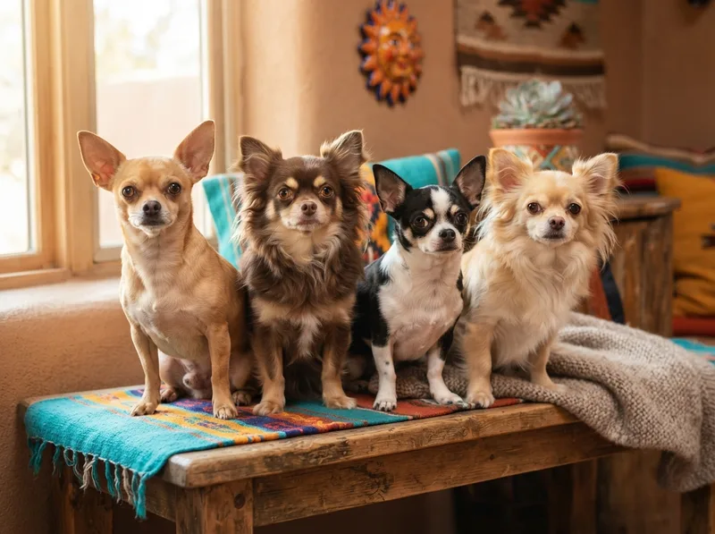 Chihuahuas of different coats and head types sitting together showing the one breed’s variations