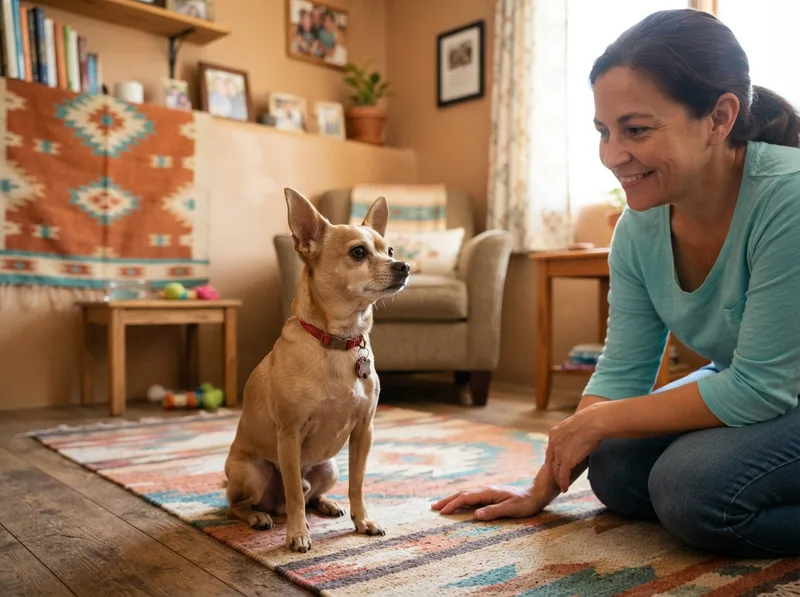Adult Chihuahua sitting attentively in a shelter meet-and-greet room with a volunteer nearby