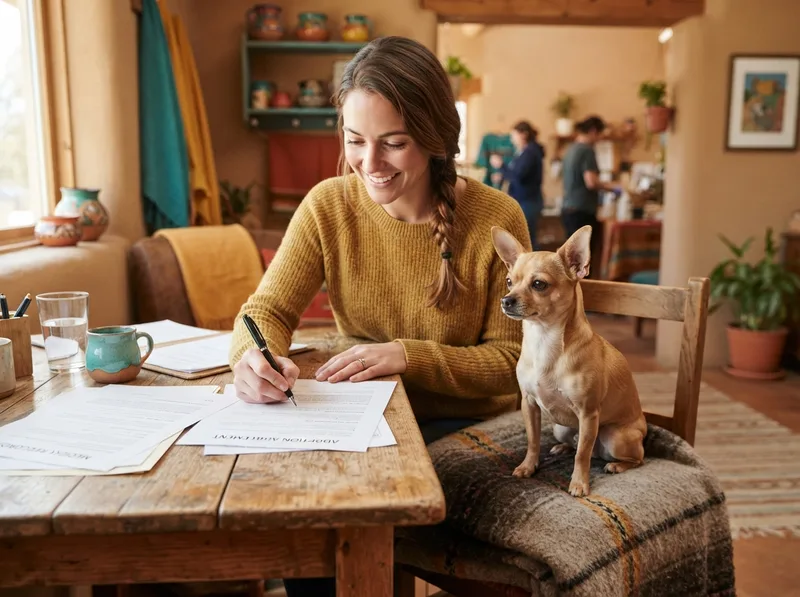 Adopter signing adoption paperwork while a small Chihuahua waits calmly beside them