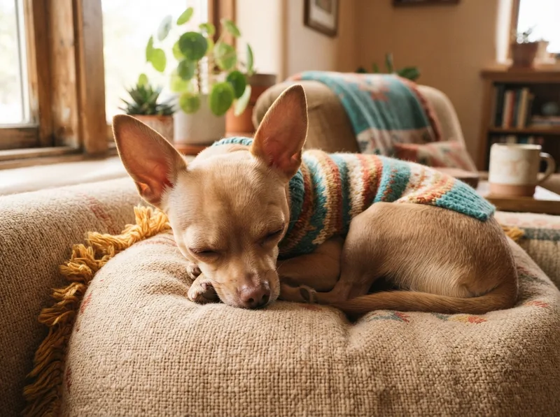 Chihuahua in a small knitted sweater curled on a sofa cushion in an air-conditioned room