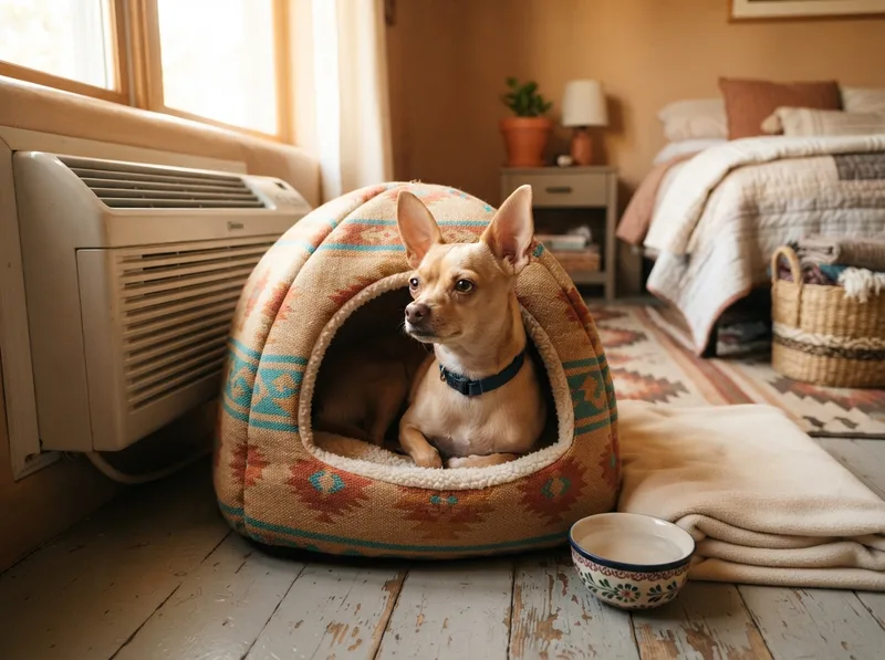 Covered igloo dog bed with a fleece blanket set up away from the air-conditioning draught