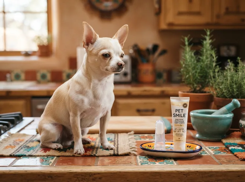 Finger toothbrush and dog-safe toothpaste laid out beside a calm Chihuahua ready for its dental routine