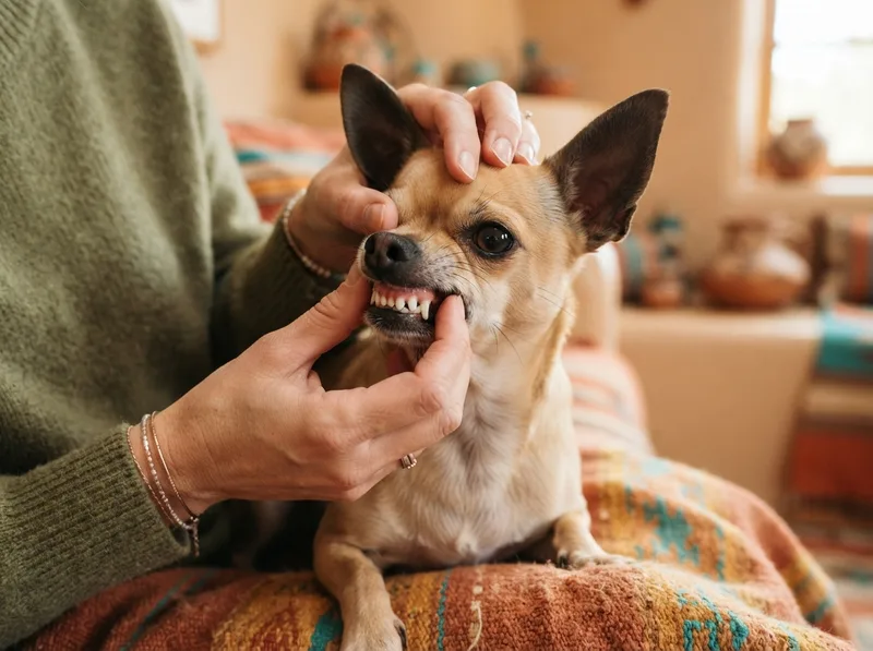 Owner lifting a Chihuahua’s lip to check its crowded front teeth and gums