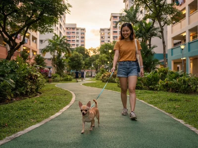First-time owner walking a Chihuahua along a green walkway in a Singapore housing estate