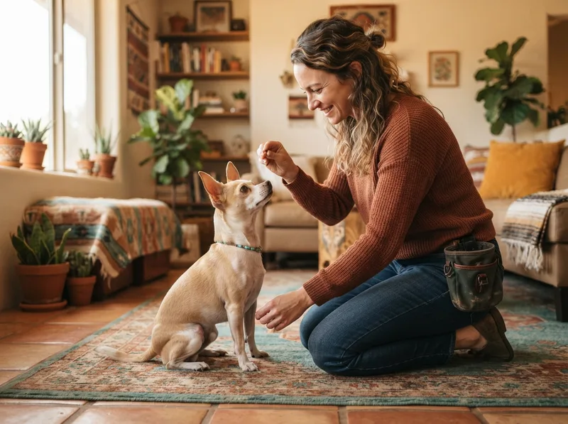 Owner practising a simple sit cue with a Chihuahua on the living room floor