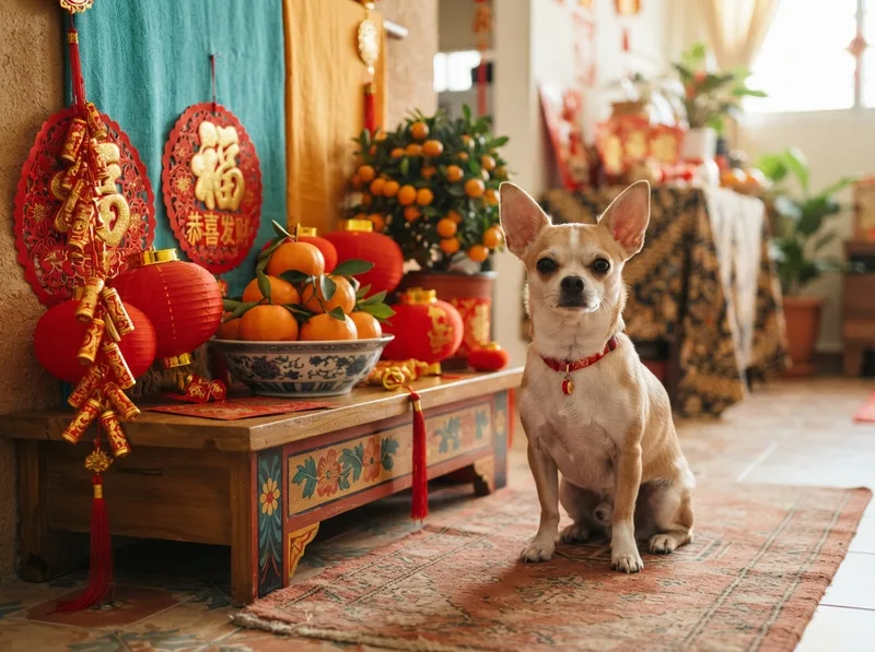 Chihuahua beside red and gold Lunar New Year decorations in a Singapore home