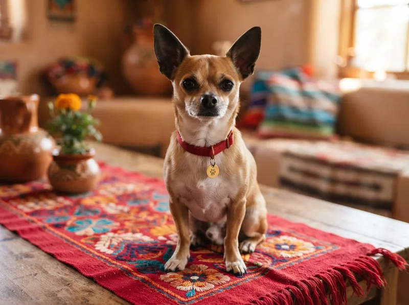 Chihuahua wearing a red collar with a small gold tag on a festive table runner