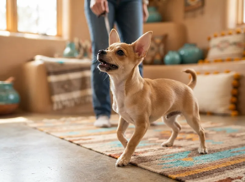 Chihuahua puppy turning to look up at its owner, ears pricked, responding to its name