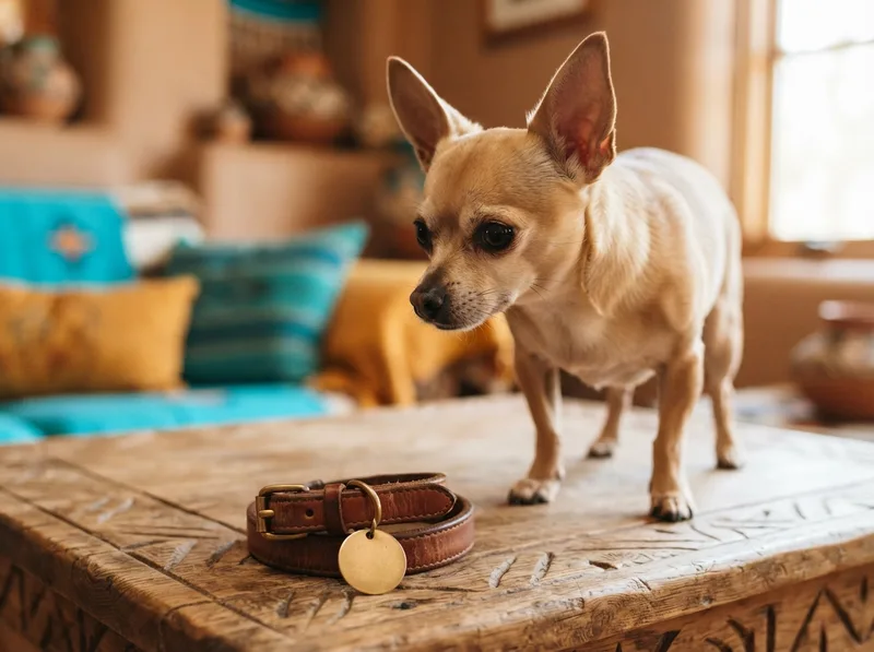 Small dog collar on a table with a blank round metal name tag