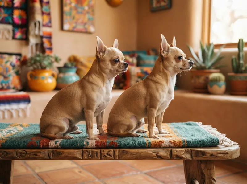 Apple-head and deer-head Chihuahua sitting side by side showing the two skull shapes