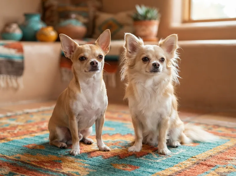 Smooth-coat and long-coat Chihuahua sitting side by side showing the two coat varieties