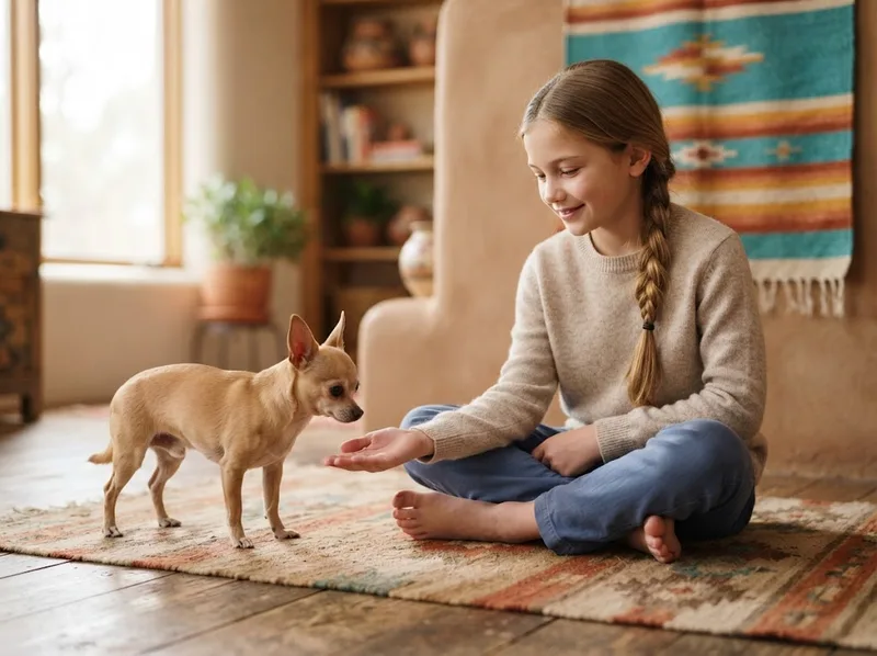 Older child sitting on the floor with an open palm, letting a Chihuahua approach at its own pace
