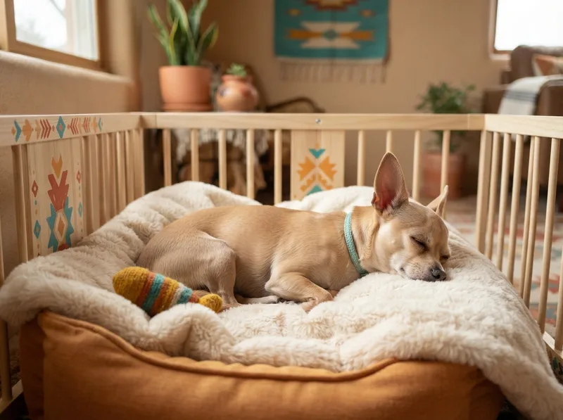 Chihuahua resting undisturbed in its own playpen, a safe space away from family activity