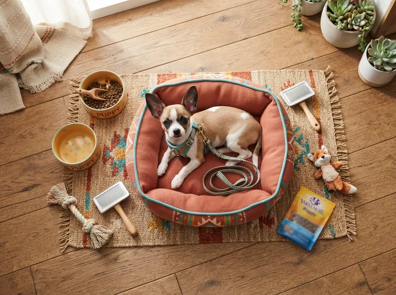 Flat-lay of Chihuahua starter kit essentials: bowls, harness, bed, brush, toys and puppy food