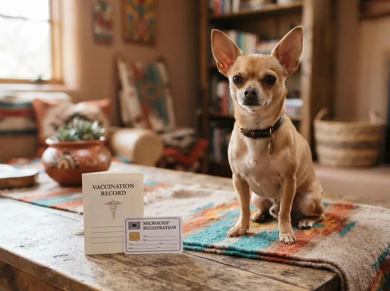Vaccination record booklet and microchip registration card beside a patient Chihuahua