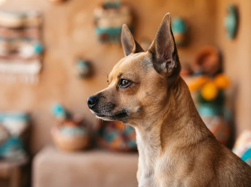 Side profile portrait of a fawn deer-head Chihuahua showing its longer muzzle and flatter skull