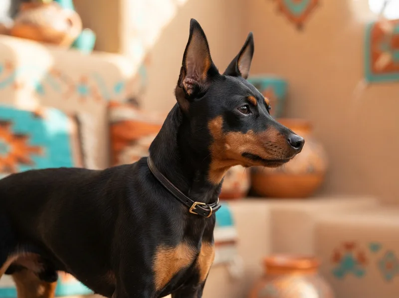 Side profile portrait of a black-and-tan Miniature Pinscher showing its squarer, more muscular head