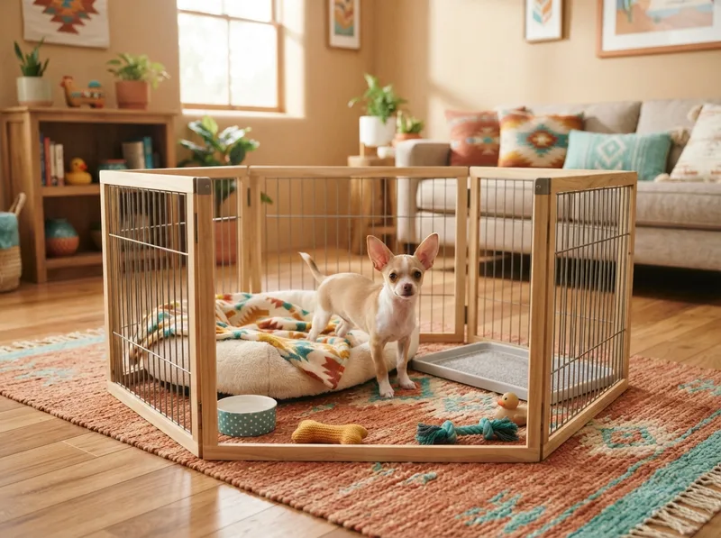 Puppy playpen set up with a soft bed, water bowl, pee tray and toys for the first week home