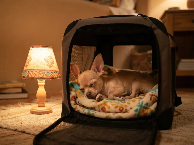 Chihuahua puppy sleeping peacefully in a soft crate at night beside a low lamp