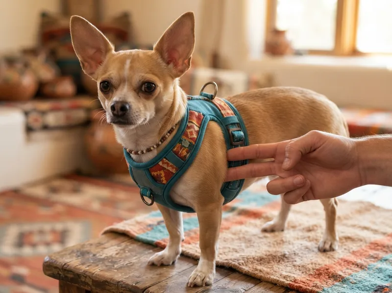 Close-up of a padded step-in harness fitted correctly on a Chihuahua with two fingers under the strap