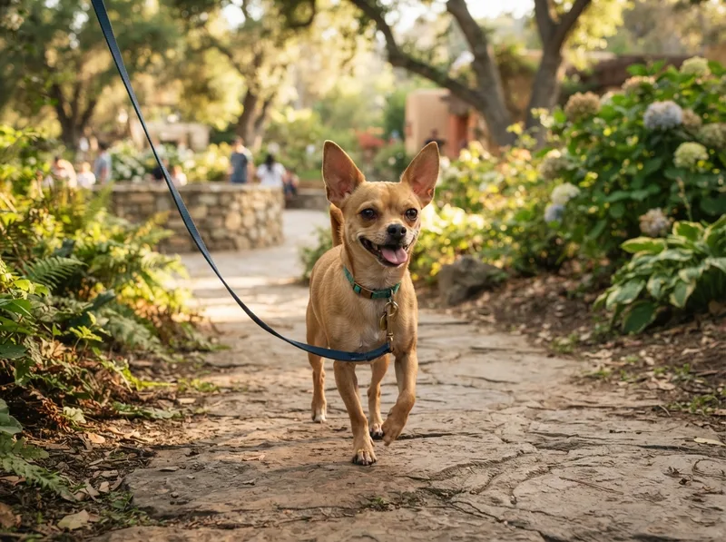 Chihuahua walking on a loose lead along a shaded park path