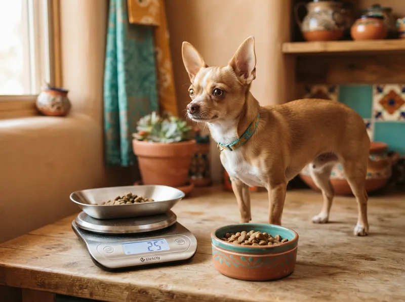 Measured portion of kibble on a digital kitchen scale beside a Chihuahua food bowl