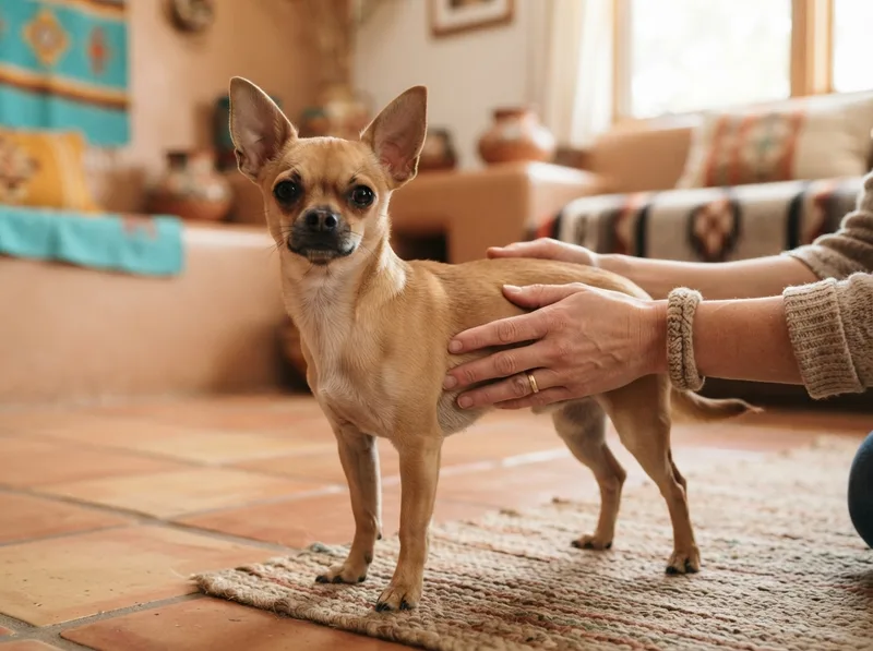 Hands checking a standing Chihuahua for ribcage cover and waistline body condition