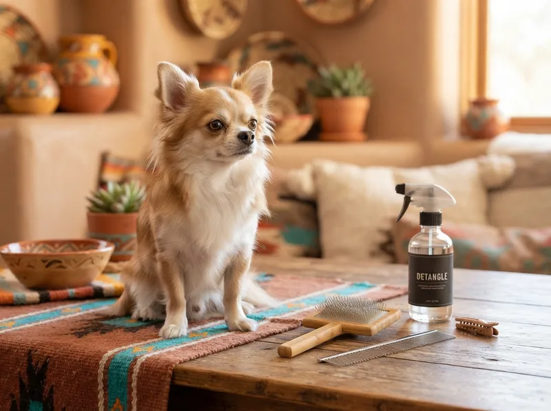 Grooming kit for a long-coat Chihuahua: slicker brush, fine metal comb and detangling spray