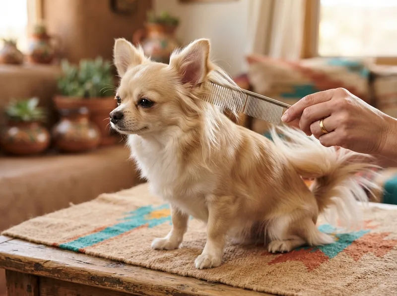 Fine comb working through the feathered ear fringe and plumed tail of a long-coat Chihuahua